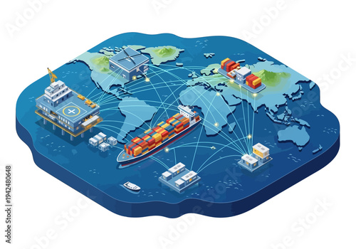 A world map featuring a cargo ship oil rig buildings and connected lines