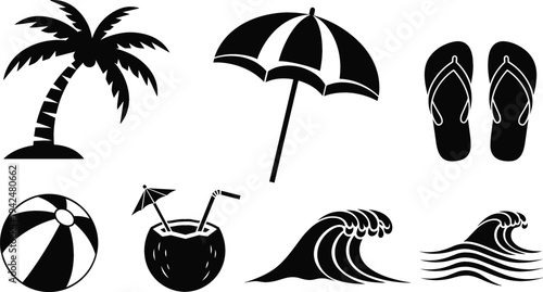 Summer beach vacation silhouette icon set featuring palm tree, beach umbrella, flip flops, coconut drink, ocean waves and beach ball vector illustration