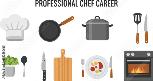 Image presents kitchen tools chef hat skillet pot spatula knife lettuce spoon knife cutting board fork plate with food knife oven
