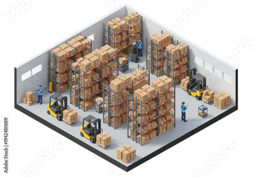 A warehouse illustration featuring stacked cardboard boxes on shelves forklifts and workers