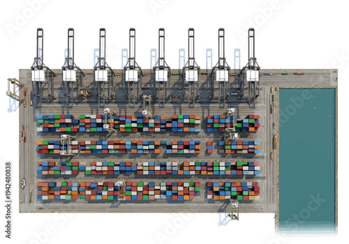 Aerial view of a port with container stacks cranes and a body of water