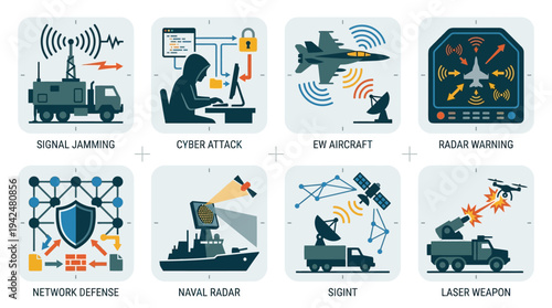 Cyber Warfare Vector Icons Flat Military Electronic Systems