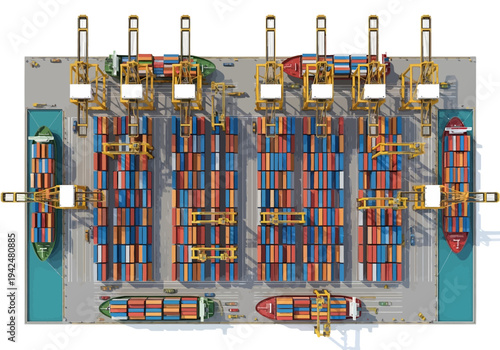 Aerial view of a port with container ships cranes and stacked containers