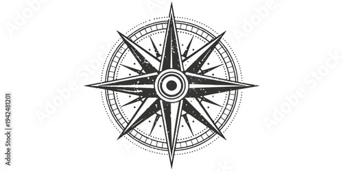 Vector illustration of a nautical compass rose icon isolated on a white background showing north direction and wind star for sea travel navigation and adventure
