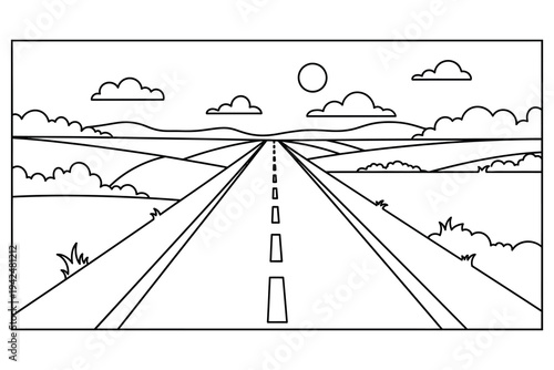 Long Road Landscape Coloring Page – Countryside Road with Trees Printable Line Art for Kids and Adults