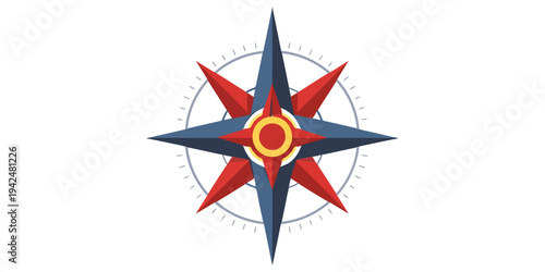 A collection of red, white, yellow, and green compass icons featuring 3d nautical star shapes and navigation arrows for travel maps, cartography design, and adventure direction symbols