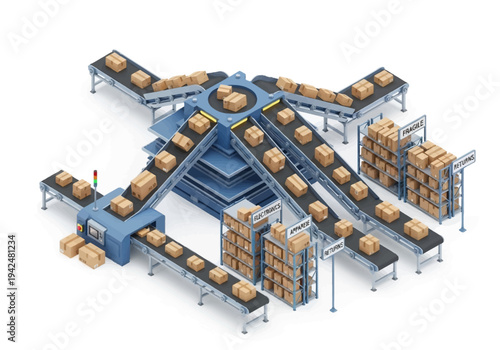An automated factory assembly system with conveyor belts boxes and storage