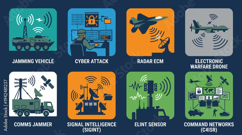 Cyber Warfare Vector Icons Flat Military Electronic Systems