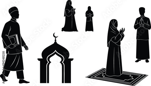 Muslim people praying silhouettes with mosque arch symbol, Islamic worship poses of men and women performing salah and dua for Ramadan religious concept