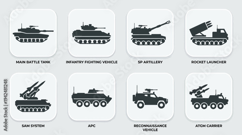 Ground Combat Vector Icons Flat Military Vehicles Weapons