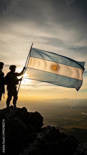 Two Soldiers Holding Argentine Flag on Mountain Peak at Sunset for National Sovereignty and Pride