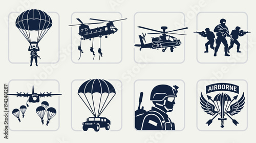 Airborne Assault Vector Icons Flat Military Aircraft Units