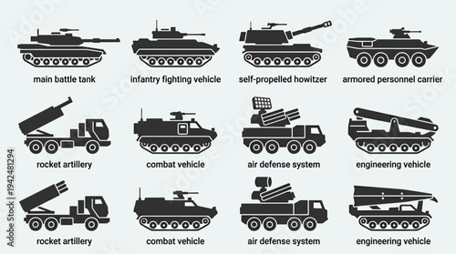 Ground Combat Vector Icons Flat Military Vehicles Weapons