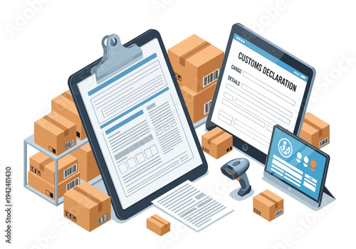 An illustration shows shipping documents cargo boxes and electronic devices hinting at customs procedures