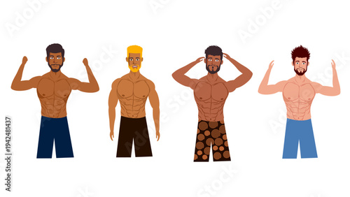 Group Of Strong Muscular Men Standing Wearing Shorts In Various Athletic Poses