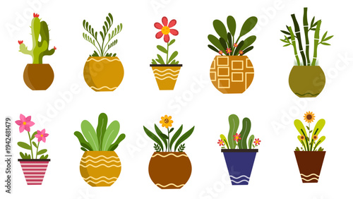 Set Of Potted Plants Including Cactus And Succulents With Decorative Floral Ornaments