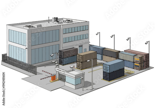 An industrial facility with a building shipping containers security checkpoints and streetlights