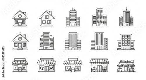 Modern cityscape with various buildings and houses