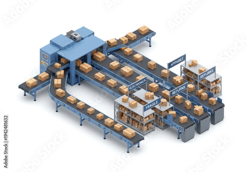 An industrial illustration depicts a warehouse sorting system with conveyors and labeled sections for packages