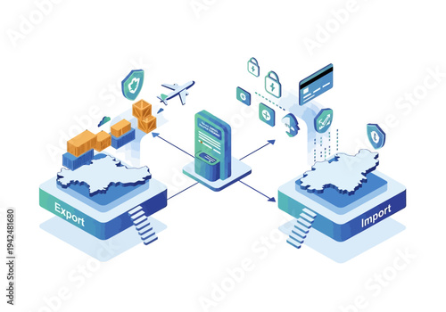 An isometric graphic of importexport processes with a terminal at the center