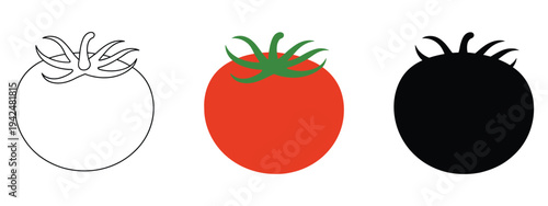Tomato Icon Set Featuring Outline, Filled, and Silhouette Representations. Fresh vegetable symbols, food and nutrition concept, grocery and culinary
