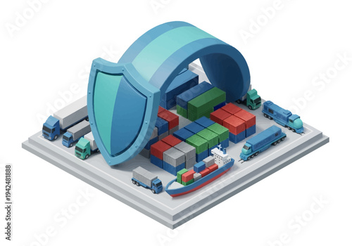 An isometric illustration depicts a shipping port with containers trucks trains and a ship A shield frames it