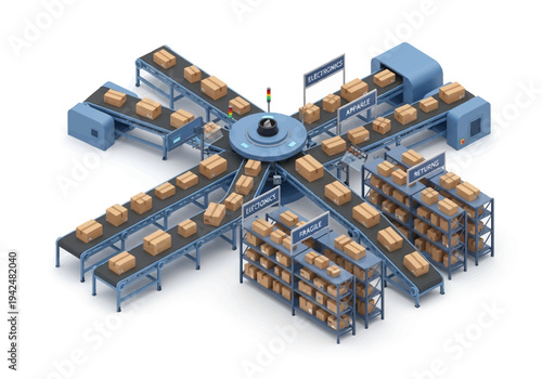 An isometric view of a package sorting system featuring conveyor belts boxes and signage