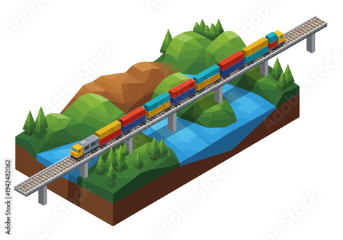 An isometric view of a train traveling across a bridge over a river with land on either side