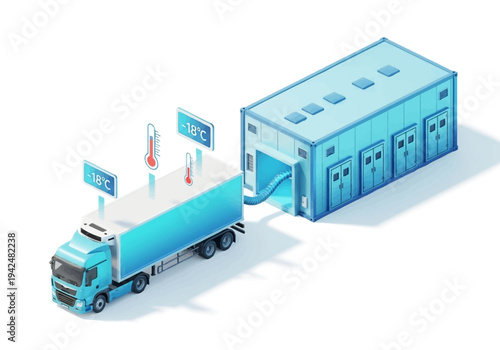 Blue refrigerated truck connected to a cold storage facility Two signs display 18C Thermometers show temperature