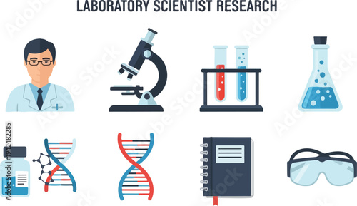 Scientific research illustration featuring a scientist microscope test tubes flask DNA journal and goggles