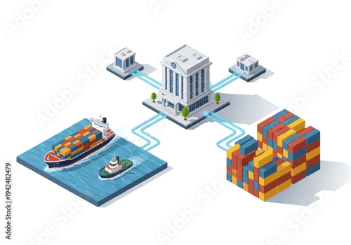 Illustration A cargo ship containers buildings and connecting lines