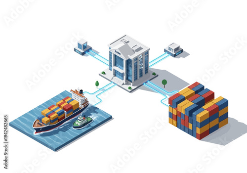 Illustration of a cargo ship bank and containers connected via blue lines