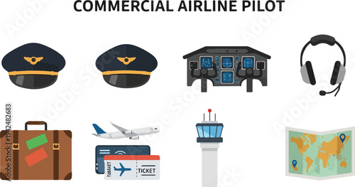 Set of commercial airline pilot icons hats cockpit headphones luggage plane tickets tower map