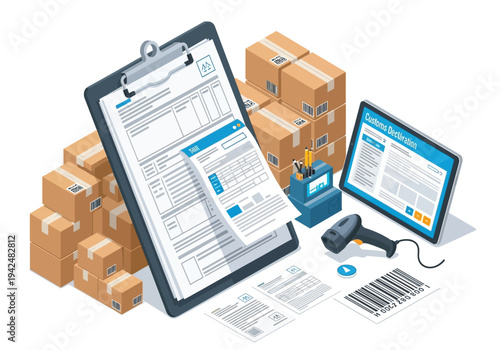 Illustration of shipping process with cardboard boxes paperwork a tablet and a scanner