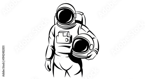 Astronaut holding helmet, graphic illustration, space exploration concept