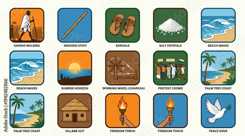 Colorful grid of twelve illustrated icons showing beach scenes, mountain peaks, cozy huts, friendly groups and a peace dove, presented from an overview perspective for travel and nature guide