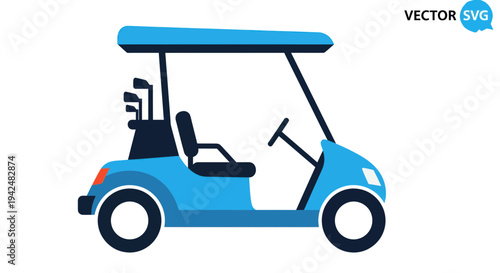 Blue Golf Cart with Clubs on White Background, Vector Illustration