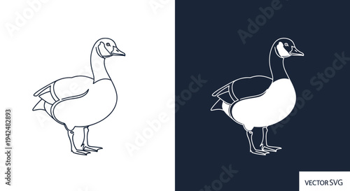 Canadian Goose Vector Drawing - Side View, White Outline on Blue and White Background