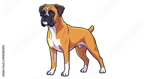 Boxer Dog Standing, Cartoon Style, White Background