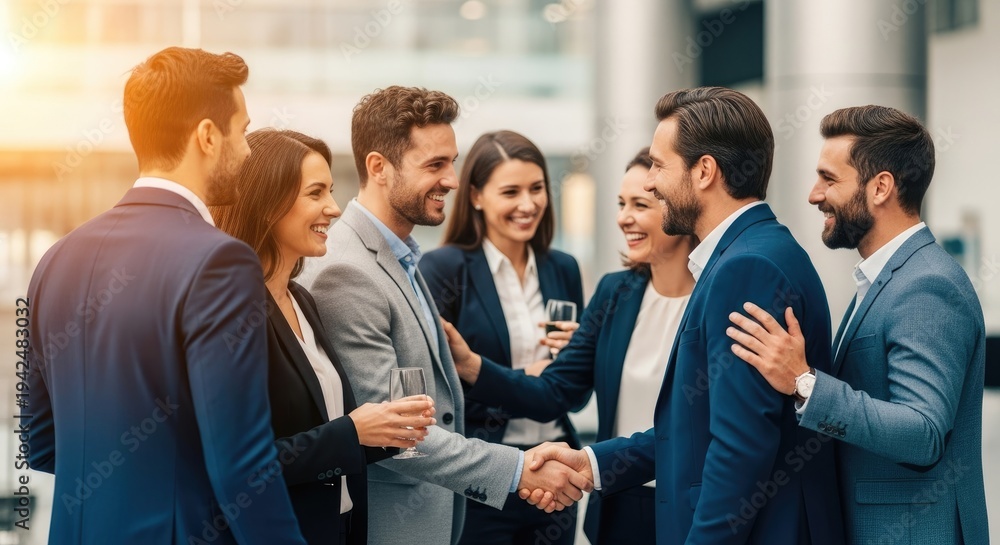 Obraz premium A group of business professionals shaking hands in an office setting.