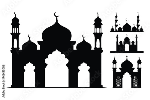 Black silhouettes of mosques with domes and minarets