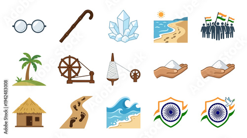 Glasses, Cane, Lotus, Beach, Community, Palm, Spinning Wheel, Sailboat, Hut, Musician, Wave, Ashoka Chakra