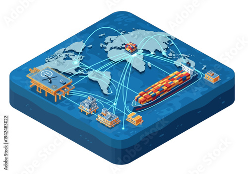 Isometric global shipping scene cargo ship offshore platforms world map interconnected lines