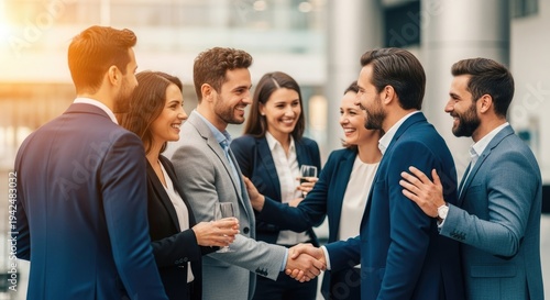 A group of business professionals shaking hands in an office setting.