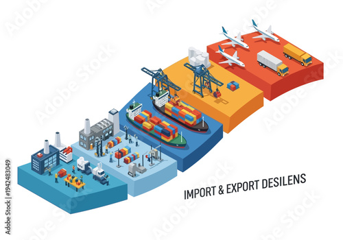 Isometric graphic depicting importexport process factory ships cranes aircraft trucks