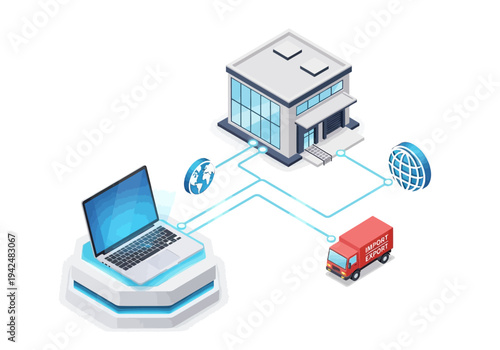 Isometric graphic of a laptop connected to a building two globes and a delivery truck