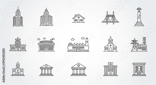 Various architectural buildings and structures in modern line art style