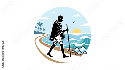 A peaceful evening walk of a lone man in a black jacket and white shorts, holding a staff, strolling along a winding sandy beach path under a sunset sky, low-angle digital illustration