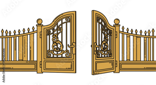 Ornate Golden Gate Entrance, Open Wrought Iron Fence, Decorative Barrier