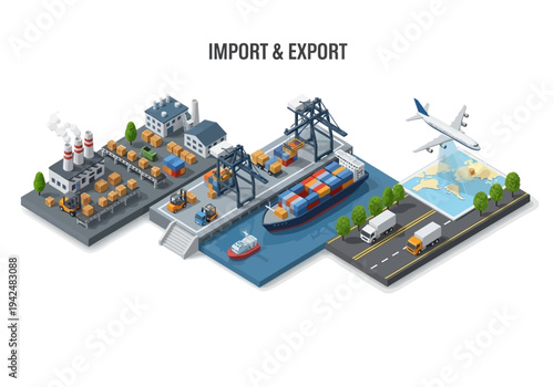 Isometric graphic shows an industrial process factories docks cargo ship trucks airplane and map